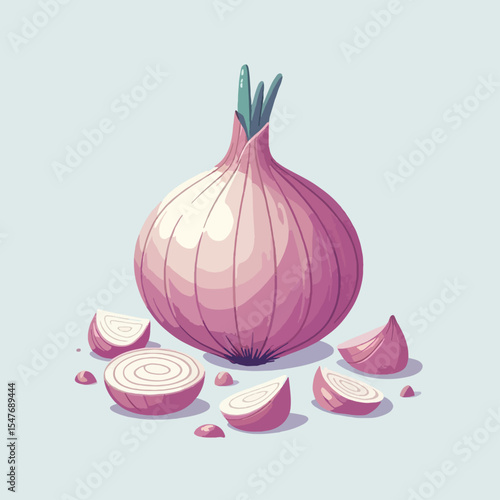 Digitally rendered illustration of a whole pink onion with several slices scattered around it.  The style is bright and eye-catching.