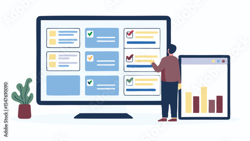 Illustration of a person viewing a large monitor displaying tasks with checkmarks and a graph on a tablet