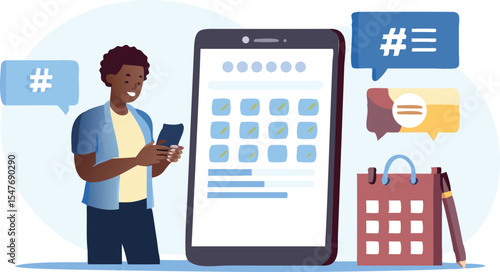 Person using phone with calendar app and hashtag speech bubbles and calendar with a pen nearby