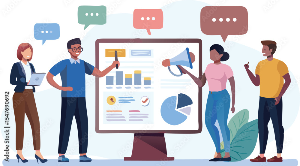Group of people presenting business data on a large screen with charts and graphs and speech bubbles above Group of people presenting business data on a large screen with charts and graphs and speech bubbles above