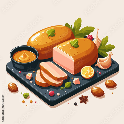 Detailed illustration of a meat dish, presented on a dark stone surface, featuring slices, herbs, spices, and condiments.