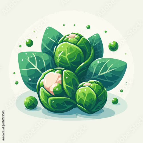Stylized and colorful graphic design features three brussels sprouts nestled among large leaves.  Light colors and a playful style create a visually appealing composition.