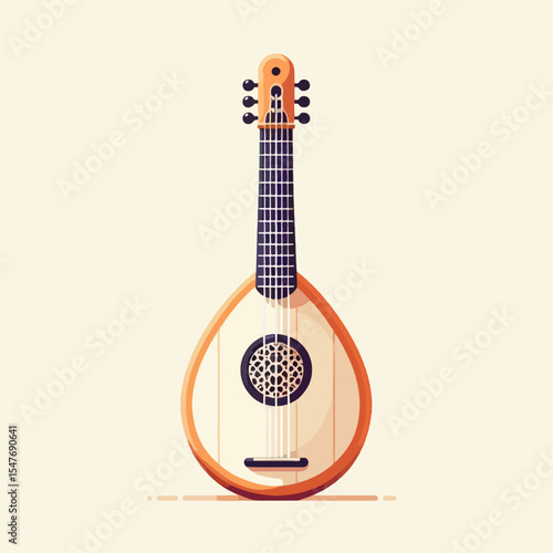 Stylized, cartoon-like depiction of a lute, featuring a light orange and beige color scheme, set against a neutral backdrop.  It highlights the design elements of the instrument.