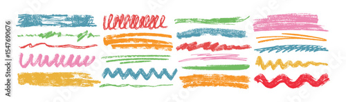 Charcoal underlines, color scribbles and wavy brush strokes. Kids hand drawn doodle squiggles, curly lines. Pencil chalk think and rough stripes, freehand crayon strikethroughs on white background