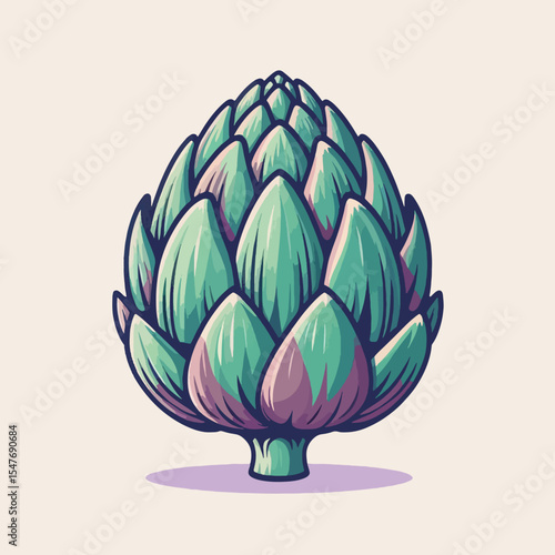 Vibrant, graphic illustration of a single artichoke, displaying its unique shape and color variations.  The style is stylized and visually appealing.