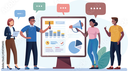 Group of people presenting business data on a large screen with charts and graphs and speech bubbles above
