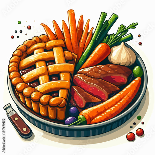 Graphic representation of a pie, steak, and vegetables, showing a balanced dietary composition.
