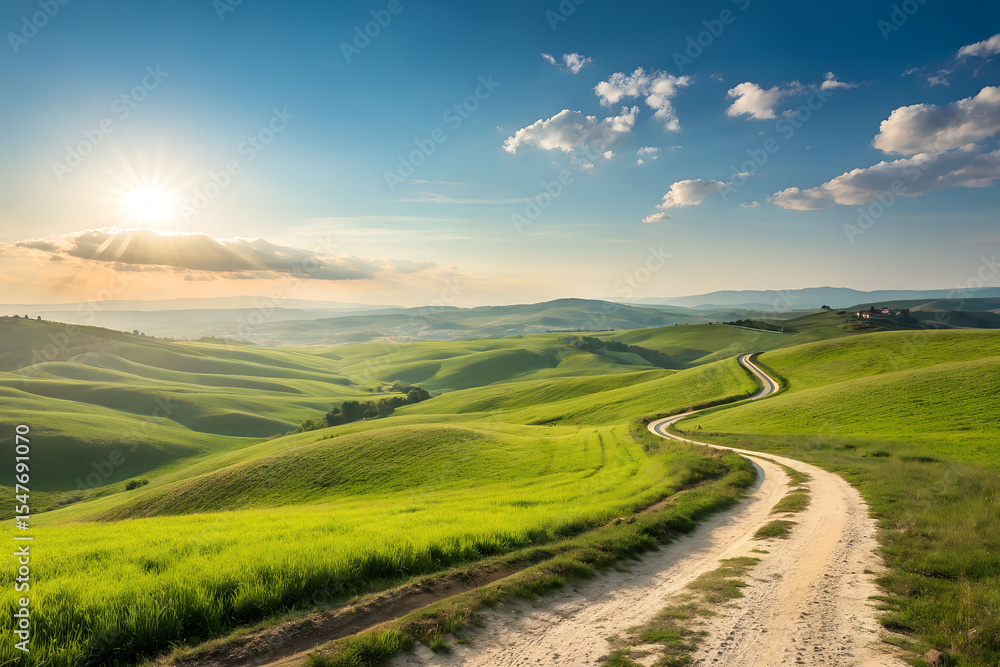 Naklejka premium Scenic winding country road through rolling green hills in Tuscany, Italy at sunset. Beautiful summer landscape photography generative ai