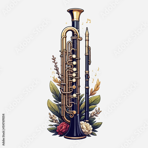 Captivating graphic illustration showcases a brass instrument accompanied by a woodwind, both framed by a delicate floral arrangement.  The design is detailed and elegant.