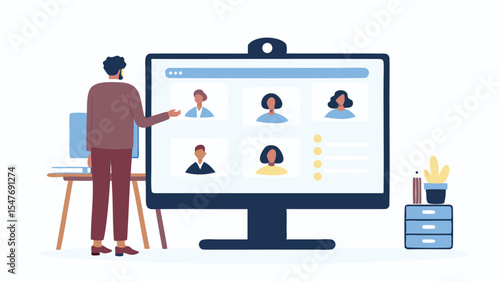 Man presenting to a video conference call with multiple participants on a large display screen setup near desk