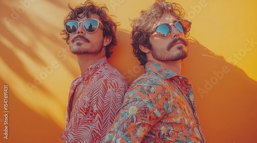 Two men in colorful shirts, sunglasses, against a bold orange backdrop