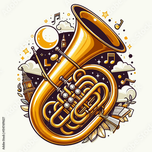 Stylized graphic illustration of a tuba, centrally placed against a backdrop of musical and city motifs, including the London clock tower, moon, and clouds.