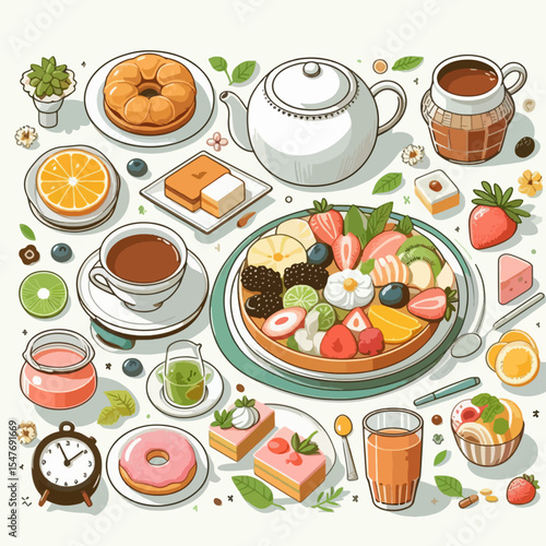 Vibrant, isometric illustration of a breakfast spread featuring various pastries, fruits, and beverages arranged attractively on a table.