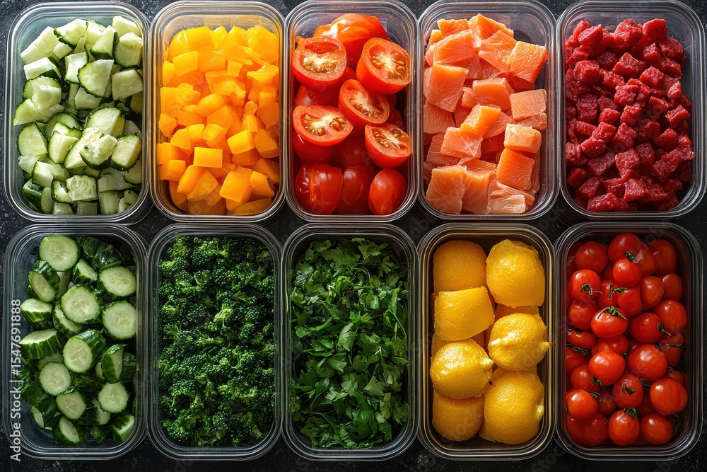 Fresh ingredients prepared for meal prep and healthy cooking in modern kitchen Fresh ingredients prepared for meal prep and healthy cooking in modern kitchen