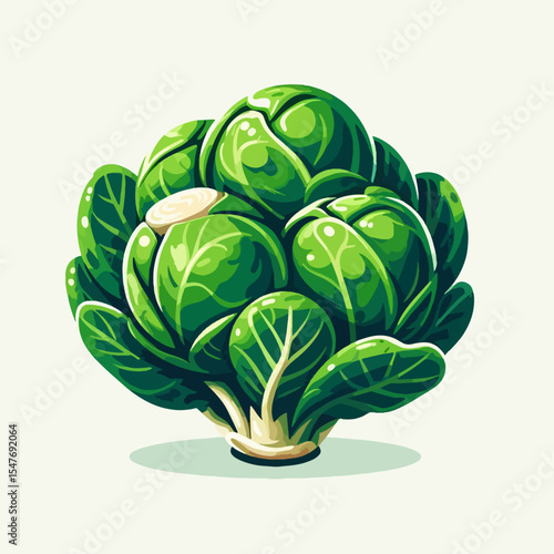 Detailed graphic rendering of a single brussels sprout, showcasing its vibrant green leaves and stem against a plain white backdrop.