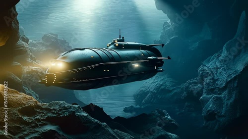 Wallpaper Mural Futuristic submarine exploring underwater space with lights in the rocky ocean. Torontodigital.ca
