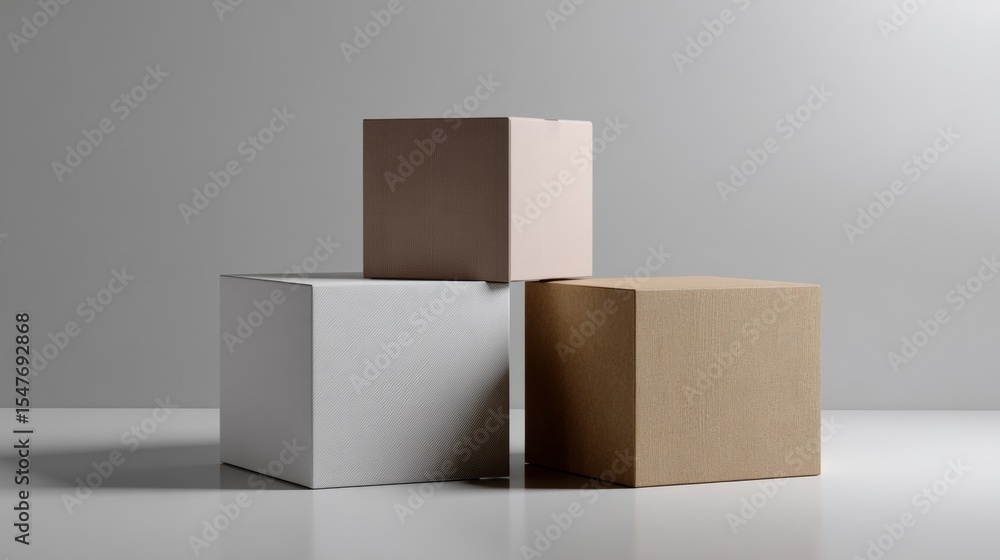 Obraz premium Minimalistic cardboard boxes and cubes composition with white background for product branding mockup presentation