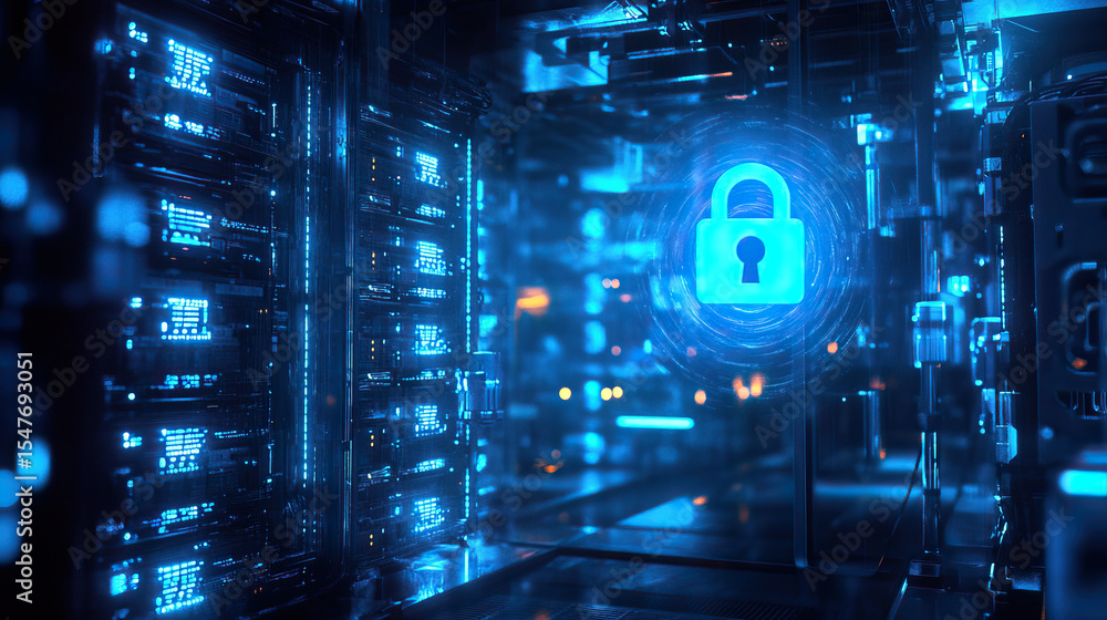 A modern and secure data center featuring a symbol of a futuristic lock for enhanced protection A modern and secure data center featuring a symbol of a futuristic lock for enhanced protection