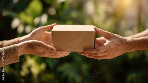 Hands exchanging eco-friendly packaging box, natural textures, warm sunlight highlighting sustainable product lifecycle concept