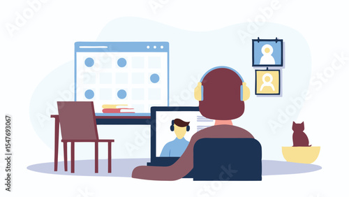 Person with headphones on video call at desk with calendar cat and pictures on the wall at home office