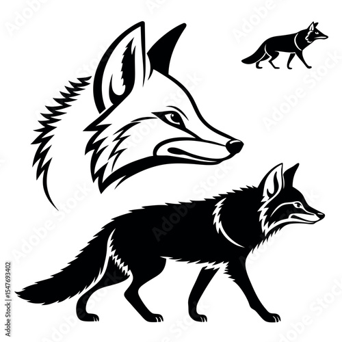 Stylized fox head and full body illustrations black and white