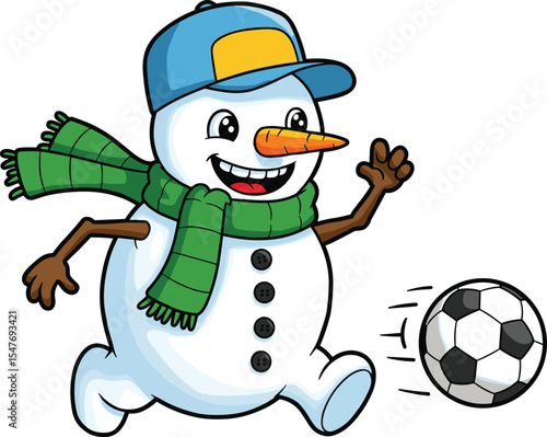Cartoon snowman playing soccer, winter sports character, fun snow activity, happy snowman kicking football, festive holiday illustration, cheerful seasonal mascot