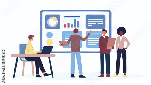 Team members discussing charts and graphs on a presentation board in a business meeting setting indoors