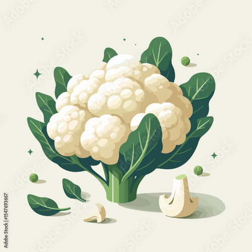 Vibrant illustration of a whole cauliflower head, complete with leaves and  small pieces, against a light cream backdrop.  The style is modern and detailed.