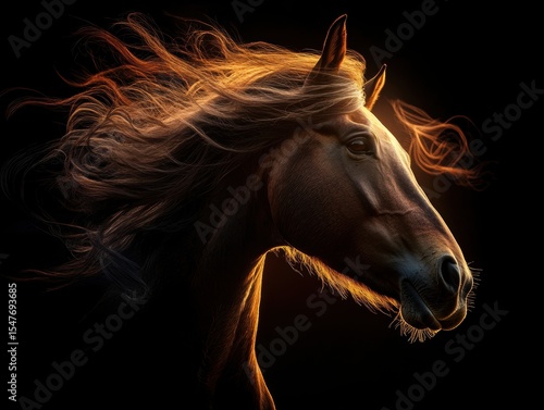 Majestic horse with flowing mane illuminated by warm light captures the essence of nature's beauty