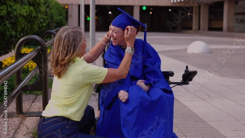 Happy mother adjusts her disabled daughter's mortarboard, who is wearing a blue graduation gown and sitting in a wheelchair, in front of a modern building