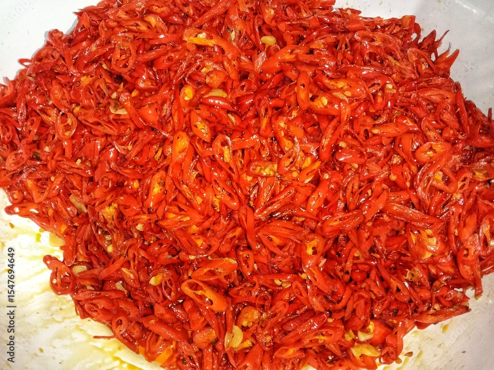 Naklejka premium a close-up photo of red chili peppers that have been thinly sliced. The slices reveal the inner texture of the chilies, including the pale, oval-shaped seeds scattered throughout.