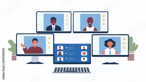 Illustration of a virtual meeting with diverse participants on computer screens and a central interface