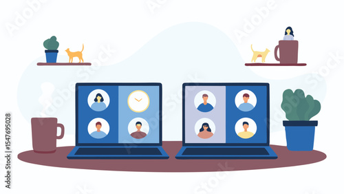 Two laptops displaying video calls with people and a clock on a desk with plants and cats around it