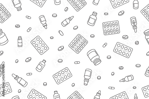 Seamless pattern with medicines, pills, capsules, drugs. Medical pharmacy background. Black and white thin line icons. Vector 