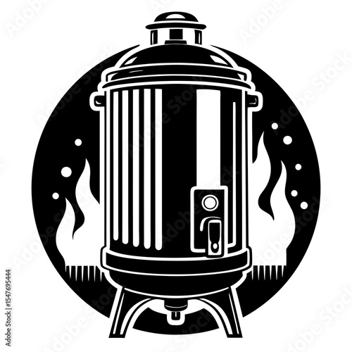 Black and white illustration of a boiler with flames