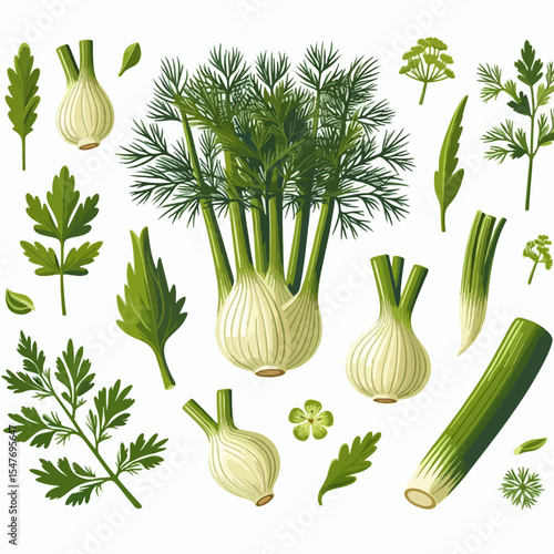 Collection of illustrated fennel bulbs, sprigs, and leaves, showcasing various culinary herbs in a detailed and vibrant style.
