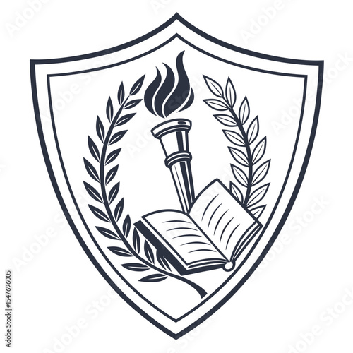 Academic crest design featuring torch book and laurel wreath