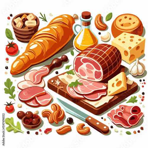Vibrant graphic illustration of various culinary items, including bread, cured meats, cheeses, and condiments, displayed on a white background.