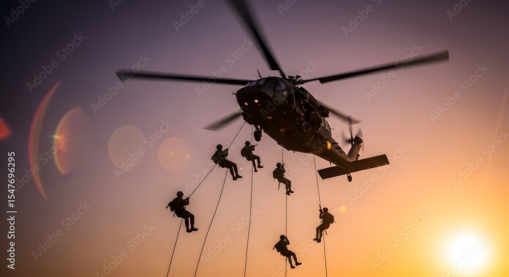 Helicopter with soldiers rappelling at sunset Helicopter with soldiers rappelling at sunset