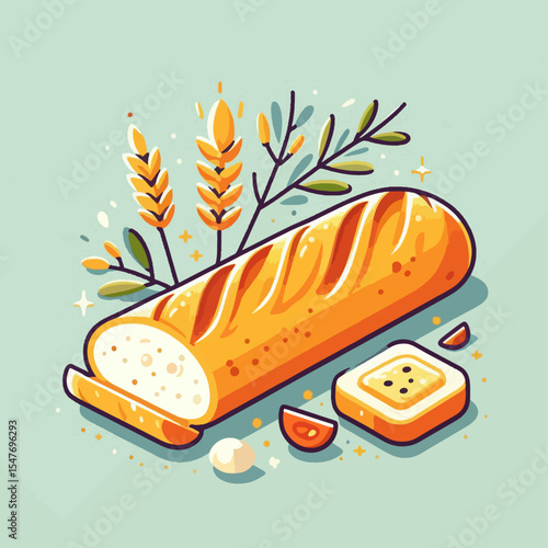 Stylized illustration of a sliced loaf of bread presented with vegetables and grains.  It displays a modern, graphic approach to food imagery.