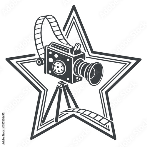 Vintage movie camera on tripod inside star award filmmaking