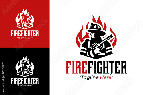 Iconic and Bold Firefighter Logo with Flames and Firefighter Icon for Branding