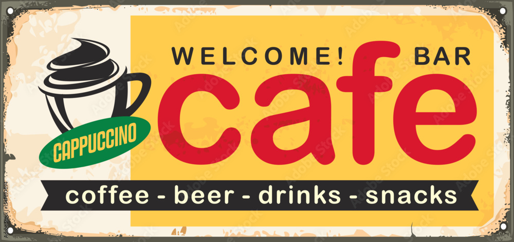 custom made wallpaper toronto digitalCafe bar sign wih cup of cappuccino graphic on old metal texture. Hot drinks vintage poster design. Coffee cup retro vector illustration.