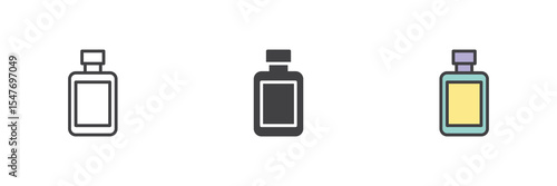 Aftershave bottle icon set in line, solid and filled outline style