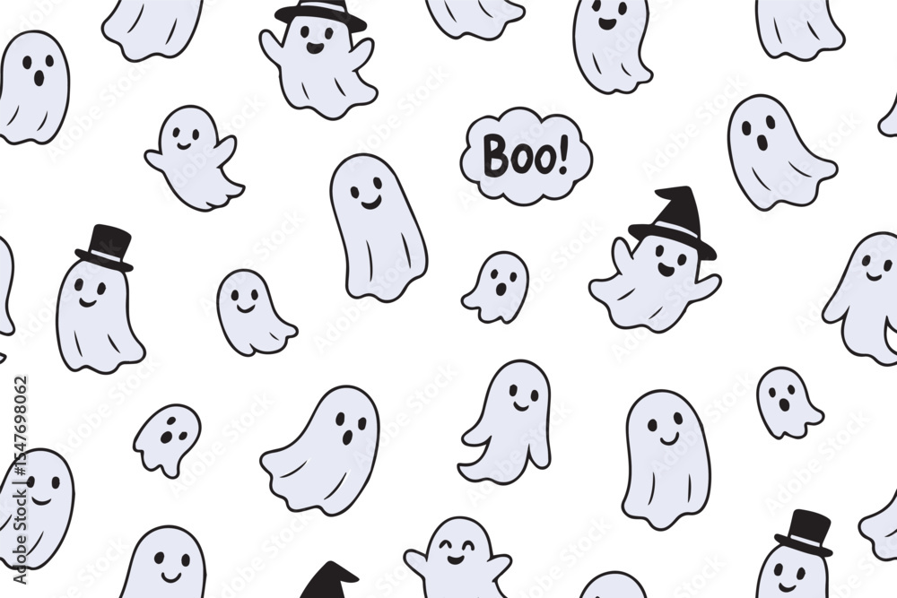 Fototapeta premium Seamless pattern of cute ghosts. Collection of cute flying spirits. Halloween symbol. Boo. Vector illustration for your design. Vector 
