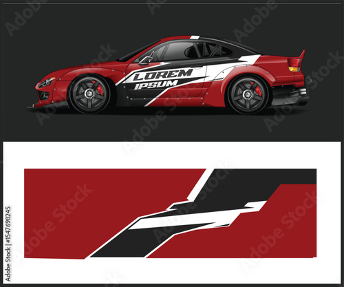 Red and Black Sports Car with Racing Stripes Graphic Design Template