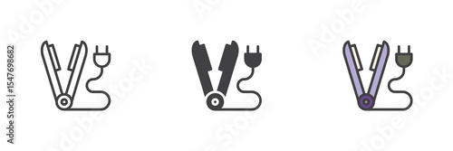 Hair straightener icon set in line, solid and filled outline style