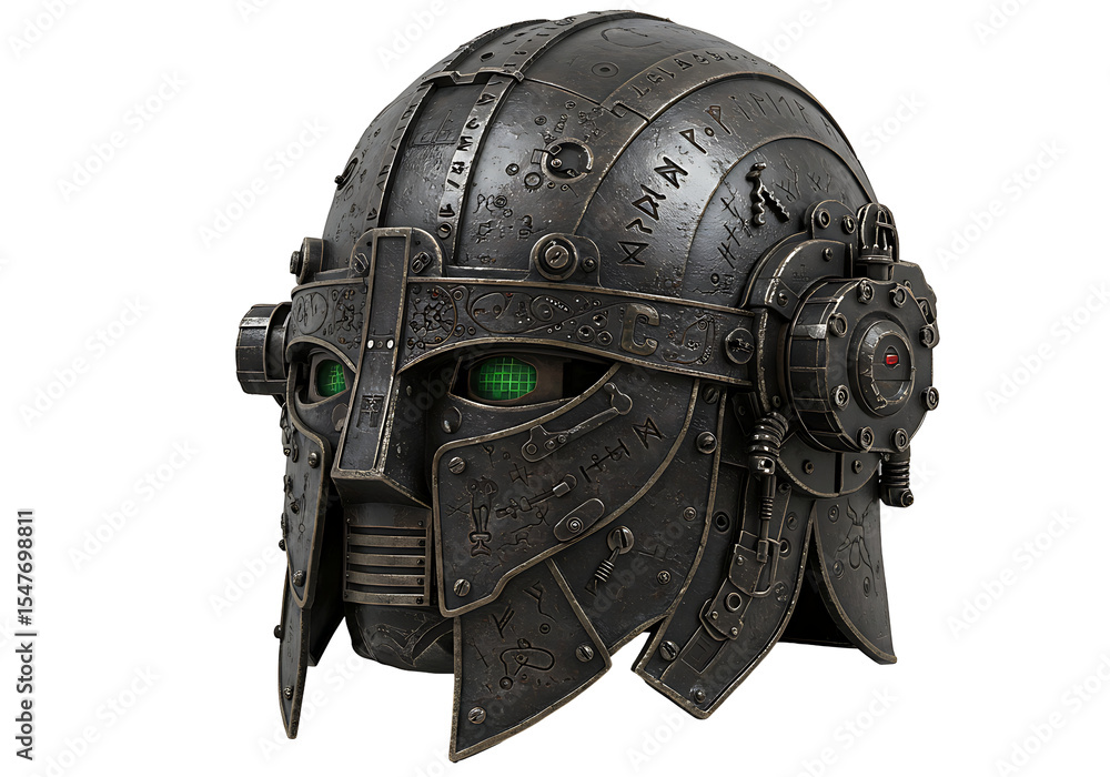 Fototapeta premium Metal helmet with green eyes runes and intricate mechanical details against a black backdrop