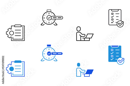Task line and flat icon set. Checklist, poll, multitasking, decision, voting, checkmark, planning, schedule, goal, collaboration icons. Editable vector illustration