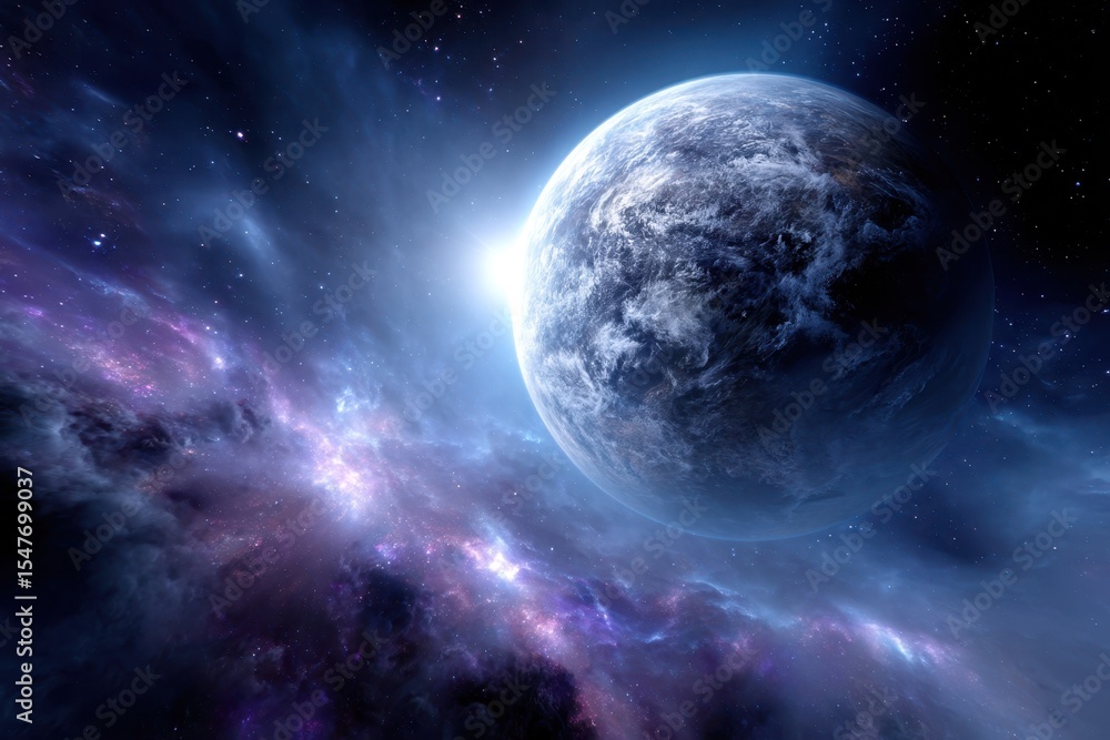 Obraz premium Cosmic view of a distant planet surrounded by vibrant nebulae in space